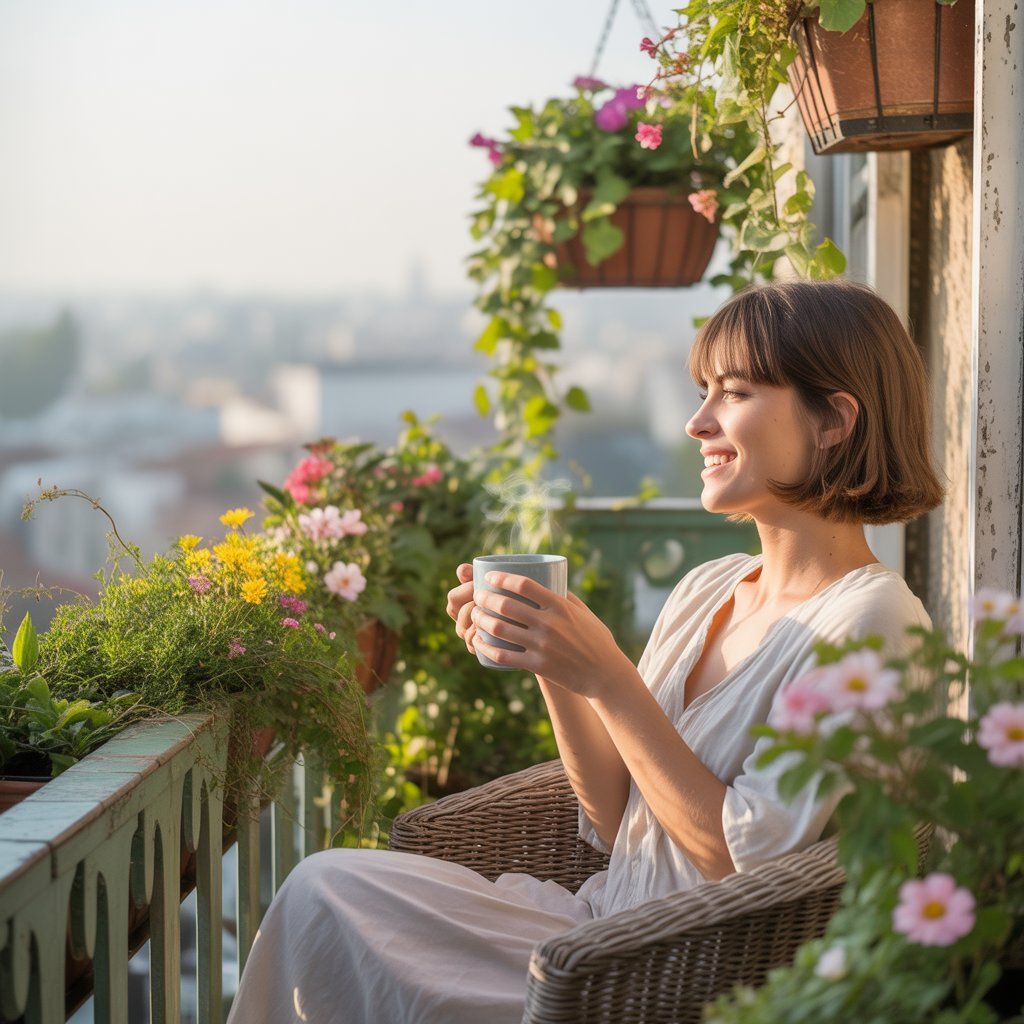 Professional taking a mindful break near a window with a cup of tea in a calm office setting